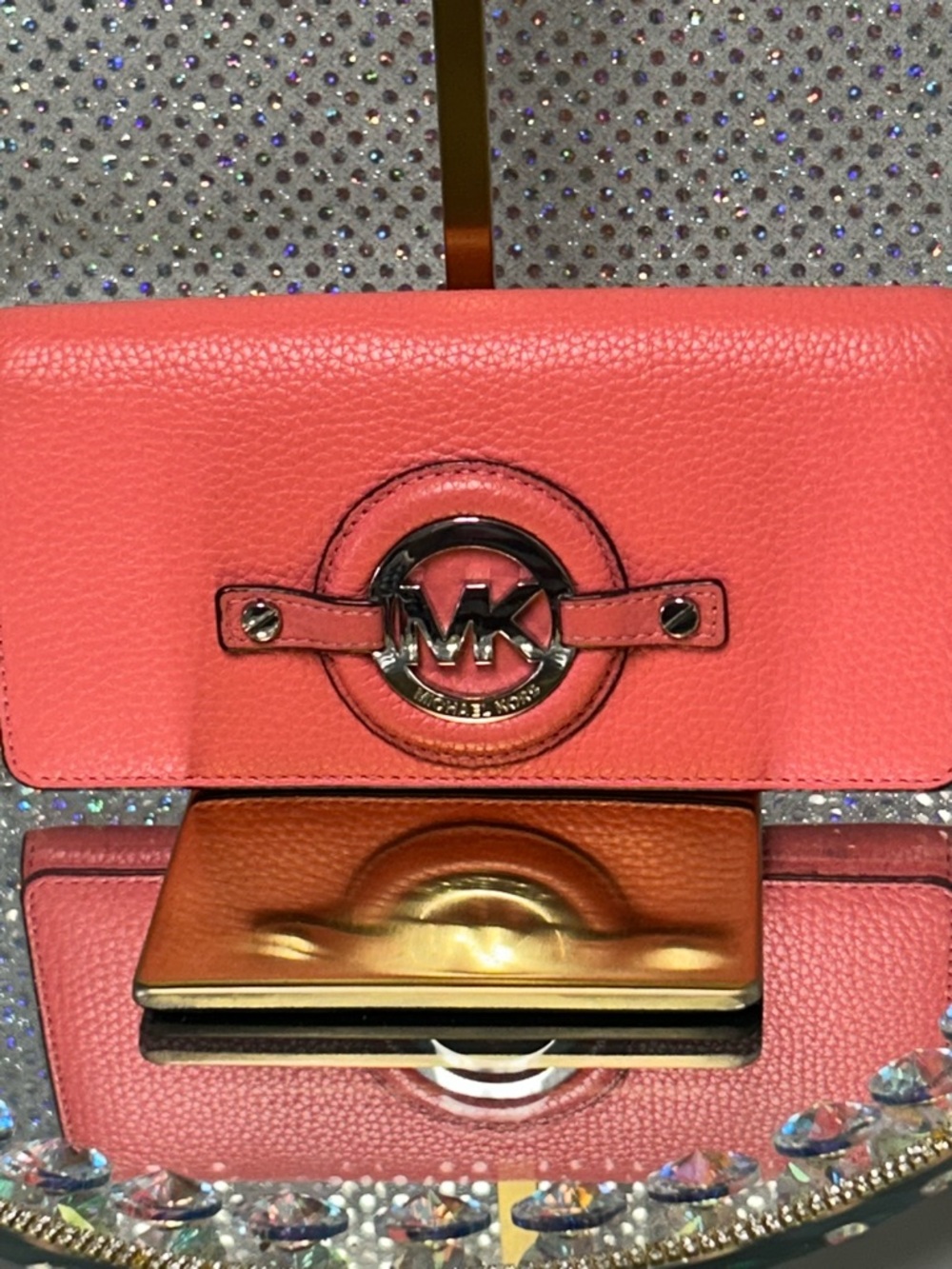 Michael Michael Kors Coral Leather Trifold Wallet w/Metal Emblem Approx. 8 x 4.5